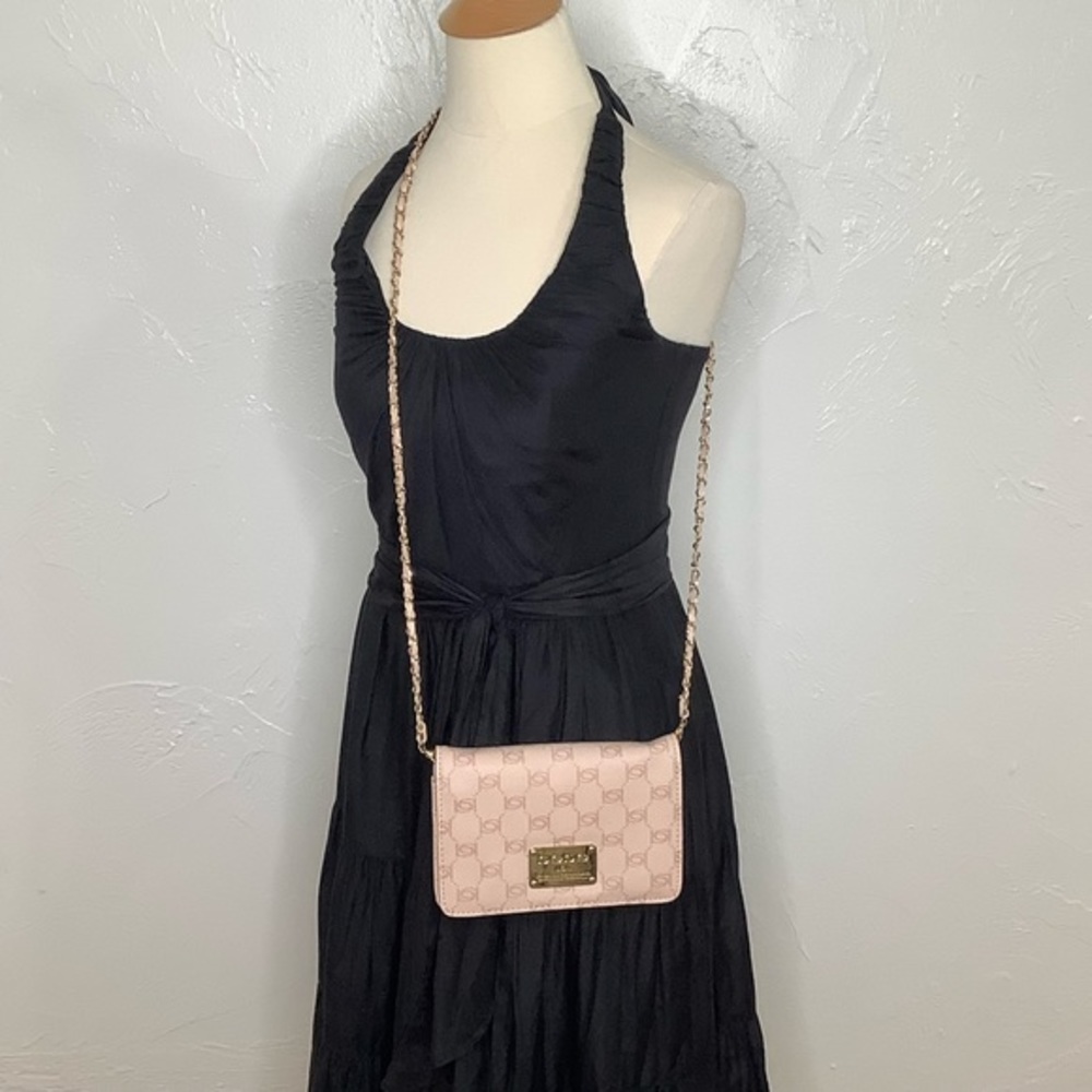 Bebe Icon Logo pink crossbody with braided chain or clutch purse EUC